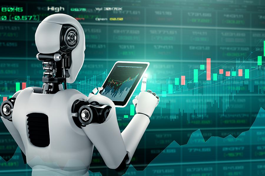 Robot analizando gráficos financieros con inteligencia artificial en las finanzas