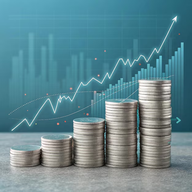 Crecimiento del capital representado con pilas de monedas y un gráfico ascendente, simbolizando el potencial de las microinversiones.