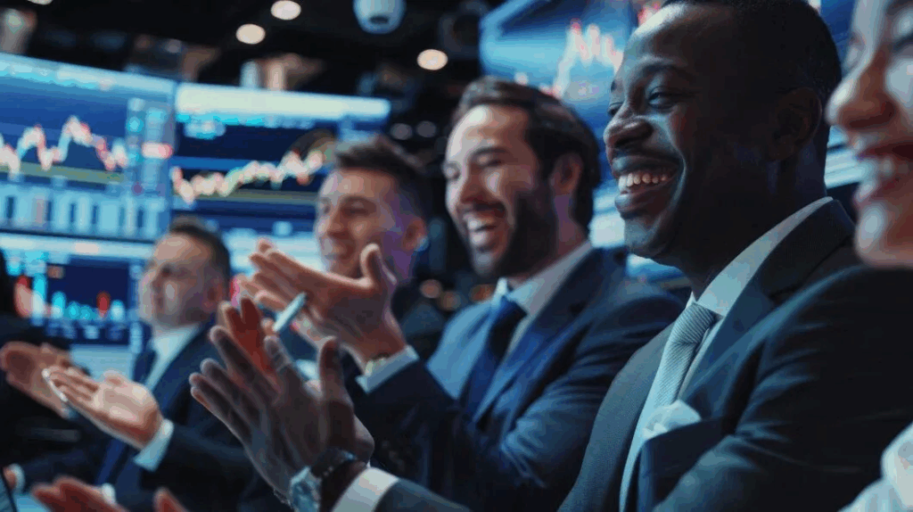 Profesionales celebrando resultados positivos en una sala de trading, simbolizando el éxito potencial de las microinversiones