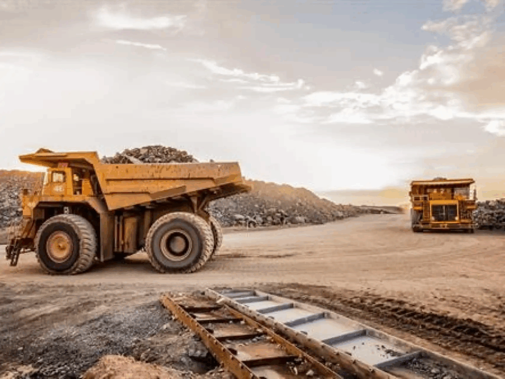 Camiones de minería extrayendo materias primas estratégicas esenciales para la transición energética.