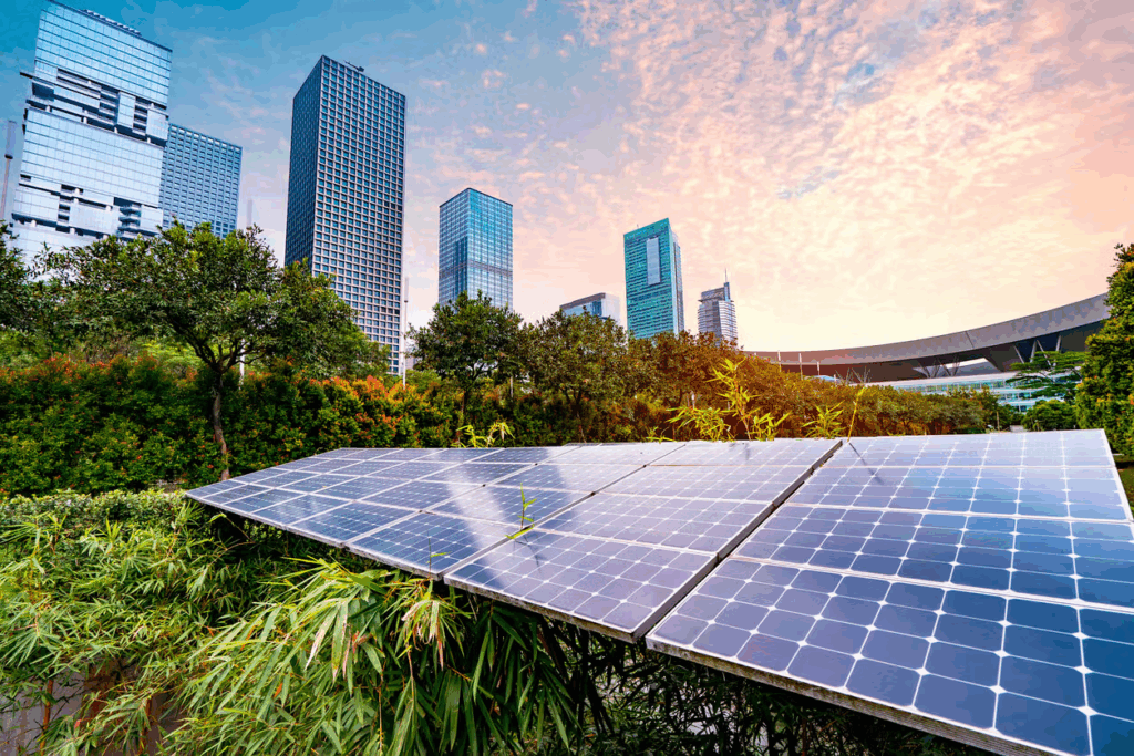 Paneles solares en una ciudad moderna que dependen de materias primas estratégicas para impulsar la transición energética.