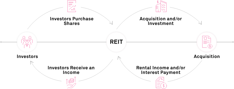 Diagrama del ciclo de inversión en REITs: los inversores compran participaciones, el REIT invierte en propiedades, recibe ingresos y los distribuye a los inversionistas
