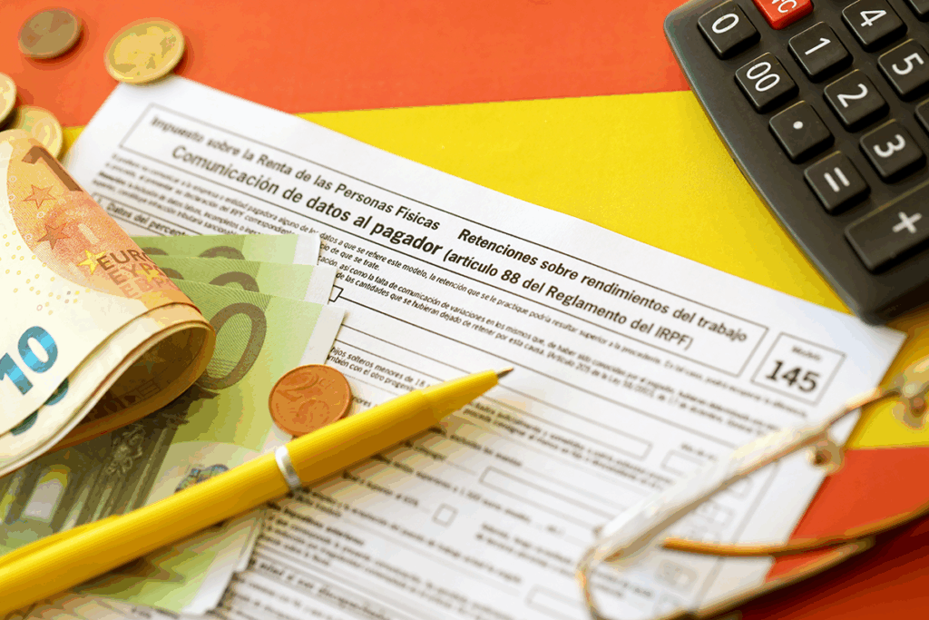 Documentos fiscales y dinero relacionados con la tributación del crowdfunding inmobiliario.