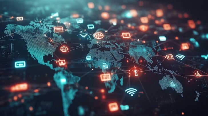 Mapa mundial digital con iconos de ciberseguridad y conexiones globales en red