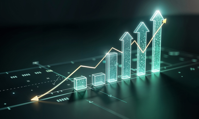 Gráfico de crecimiento que representa el aumento del rendimiento de inversiones tokenizadas mediante tecnología blockchain