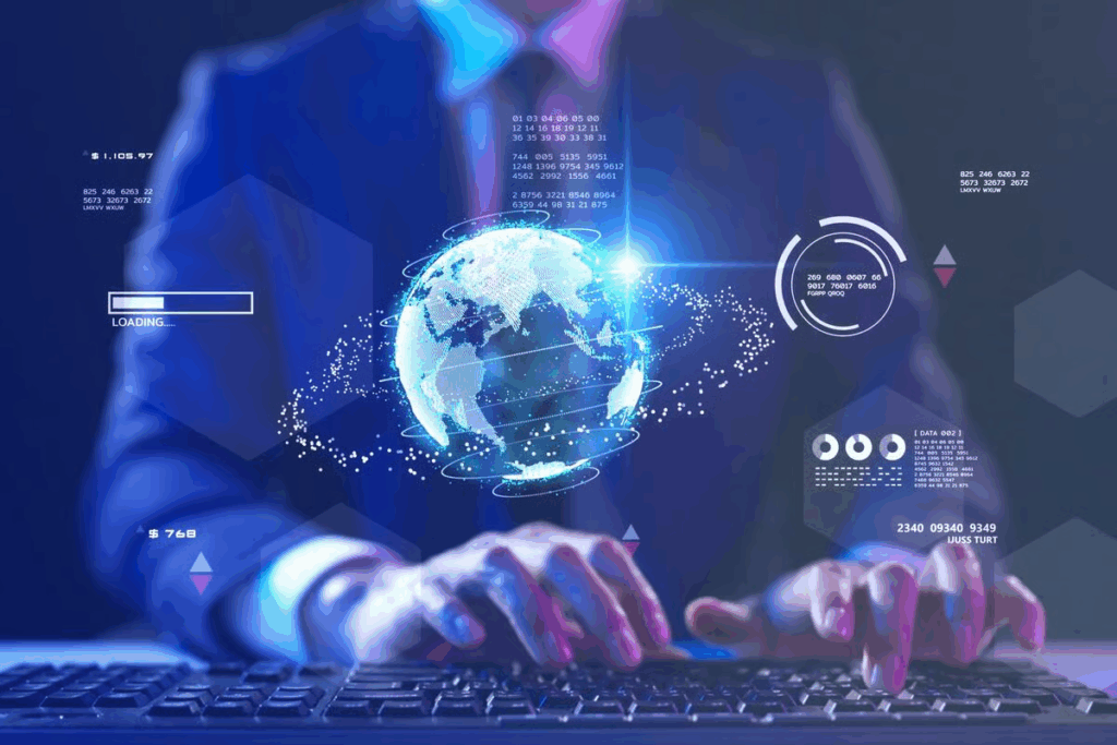 Profesional utilizando tecnología digital con un globo terráqueo holográfico que representa la conexión global mediante blockchain
